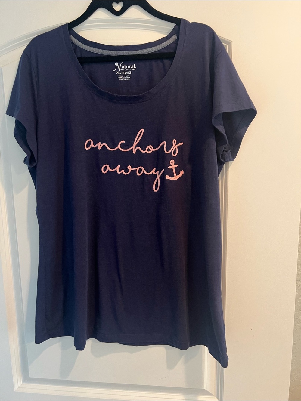 Natural Reflections Navy Short Sleeve Tee with Pink Script "anchors away"